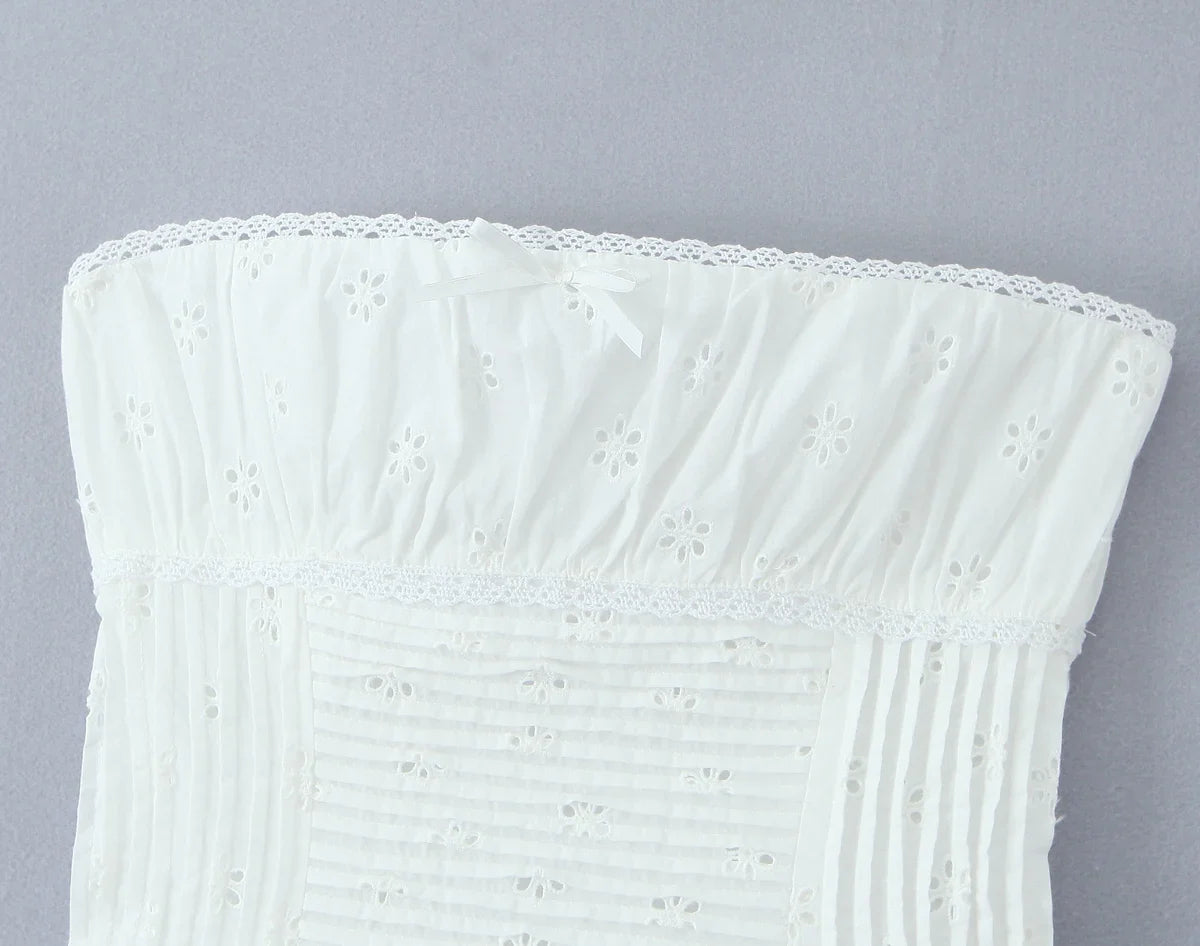 Foridol White Cotton Summer Women's Dress 2025 Off Shoulder Strapless Mini Beach Dress Casual Flower Embroidery Drawstring Dress
