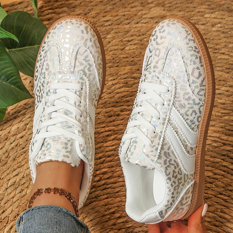 White Leopard Print German Training Shoes Women Plus Size 43 Non Slip Lace Up Flats Woman Comfortable Soft Bottom Casual Shoes