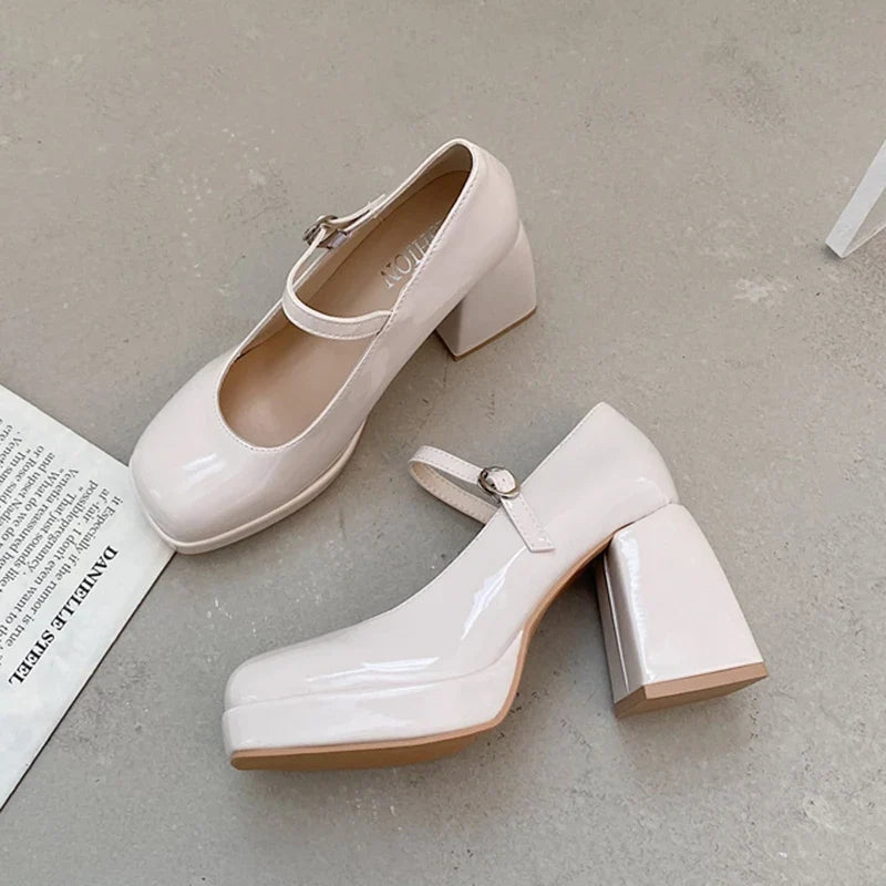 Patent Leather High Heel Mary Jane Shoes Women Elelgant Buckle Strap Platform Pumps Woman Chunky Heels Punk Lolita Shoes Female