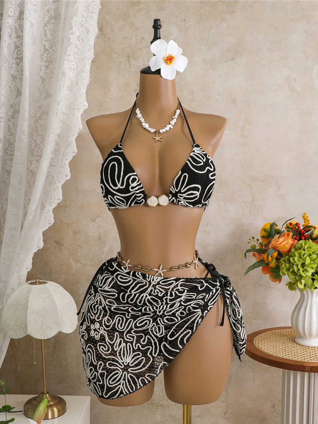With Sarong Halter Printed Bikini Women Swimwear Female Swimsuit Padded Bather Bathing Suit Swim Three-pieces Bikini set K8073