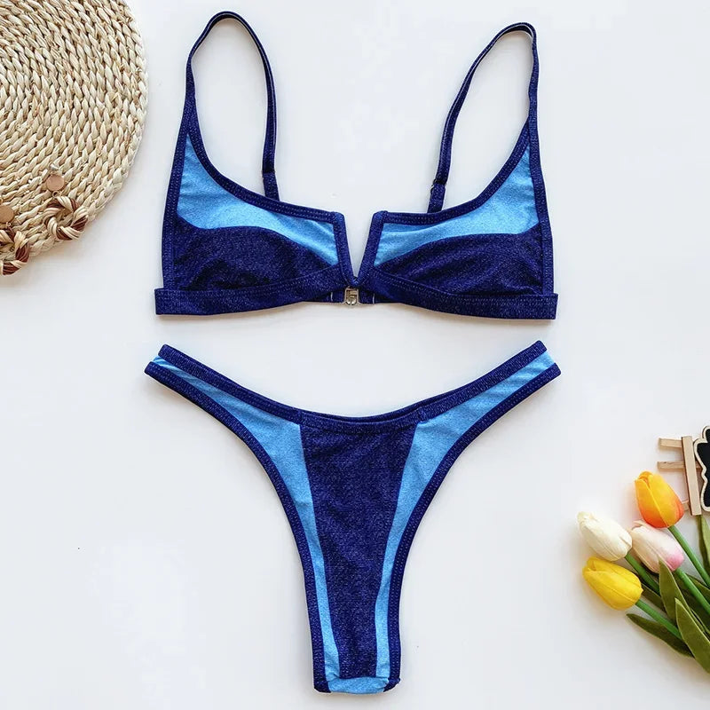 Splicing V Shaped Micro Thong Bikini Women Swimsuit Female Swimwear Two Pieces Bikini Set Push Up Bathing Suit Swim Beachwear