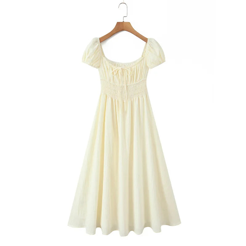 French Country-style Square-neck Dress With Puffed Sleeves Elasticated Waist And A Stylish Tie Design Perfect For Seaside TEW7