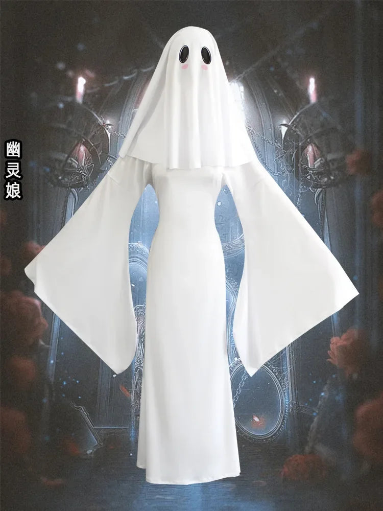 Sexy Ghost Costume for Women, White Gothic Dress, Ghost Cosplay Outfit, Halloween Party Dress, Elegant Scary Boo Lady Costume