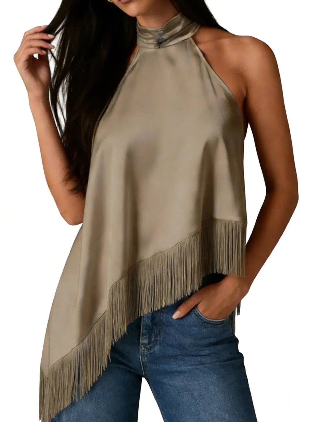 Women's Summer Solid Color Satin Halter Mock Neck Tops Sleeveless Tassel Hem Loose Fit Tank Tops