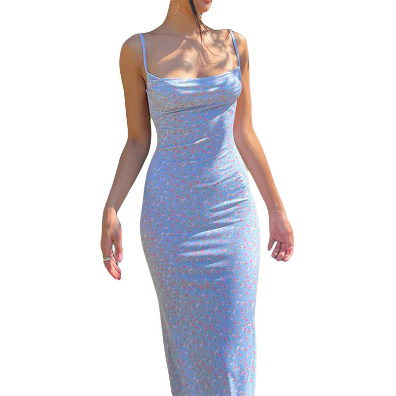 Women's Summer Sexy Bodycon Dress Spaghetti Strap Sleeveless Backless Slim Fit Floral Printed Long Dresses