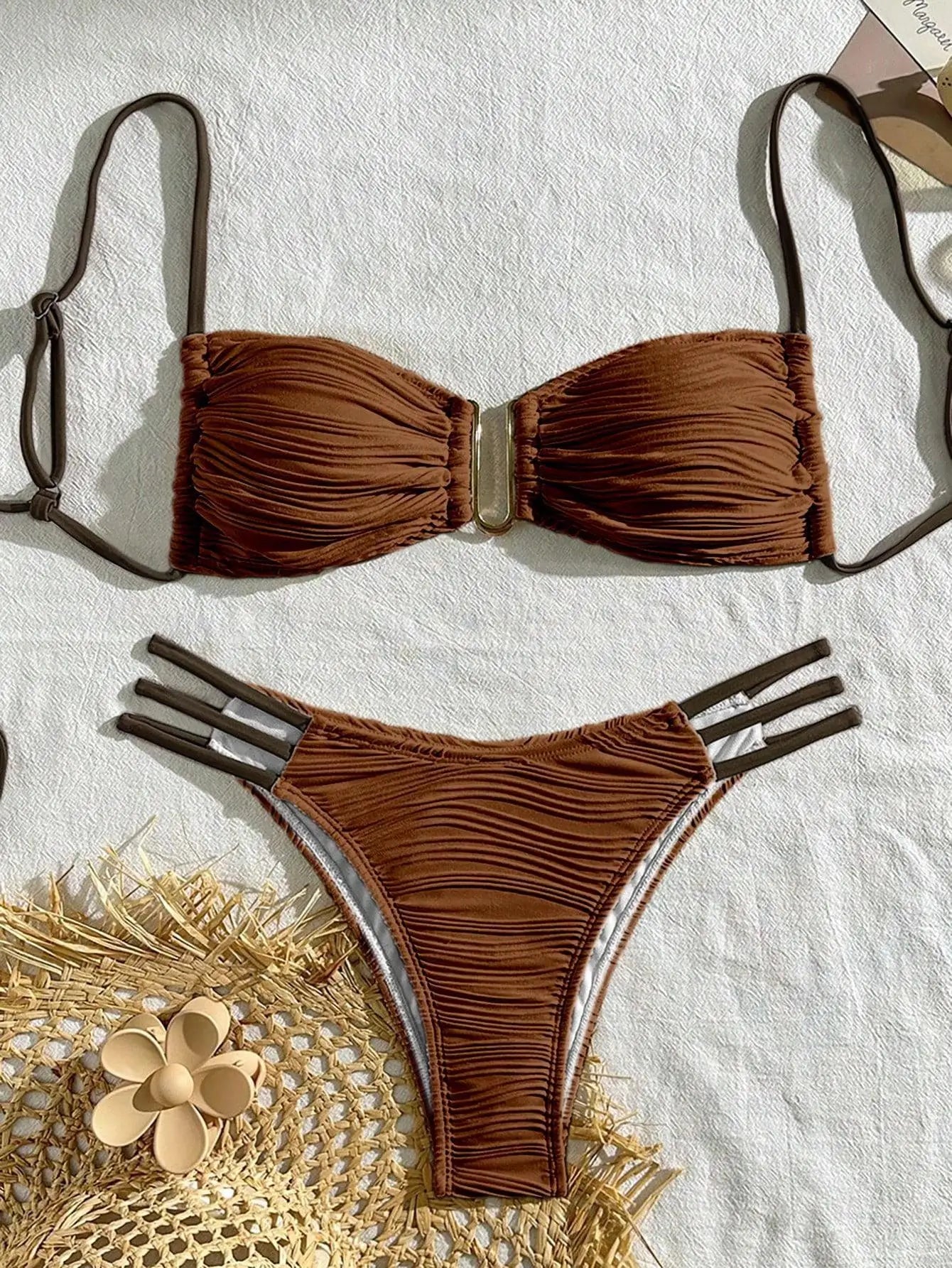 XS - L Wrinkled U Rings Bandeau Bikini Women Swimwear Female Swimsuit Two-pieces Bikini Set Bather Bathing Suit Swim Beachwear