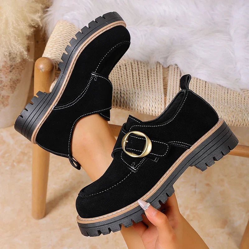 Fashion Buckle Women's Platform Loafers Plus Size 43 Thick Bottom Office Work Shoes Women Non Slip Flock Single Shoes Woman