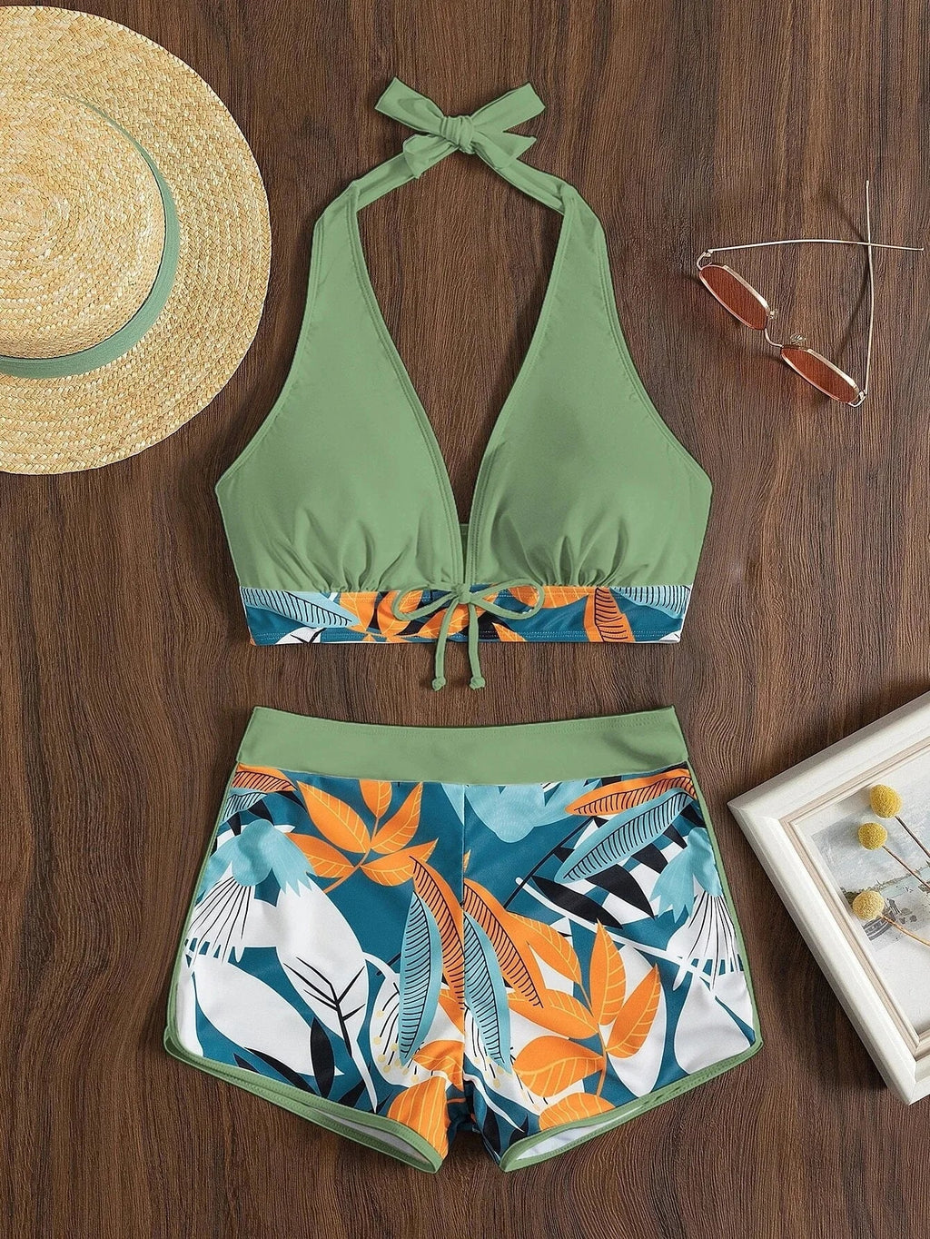 2026 Summer Women's Print Patchwork Swimsuit Sexy Deep V Neck Back Lace-up Swimwear High Waist Shorts Tankini Bathing Suit Beach
