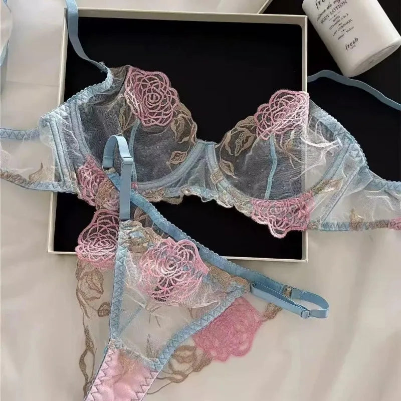 Pure Desire French Lace Bra Set Rose Embroidery Minimizer Wireless Comfort Support Full Bust Anti Sagging Breathable No Show USA