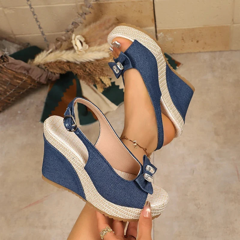 Retro Denim Wedge Heeled Sandals Women Plus Size 43 Bowknot Chunky Platform Sandalias Mujer Back Strap Thick Sole Summer Sandles