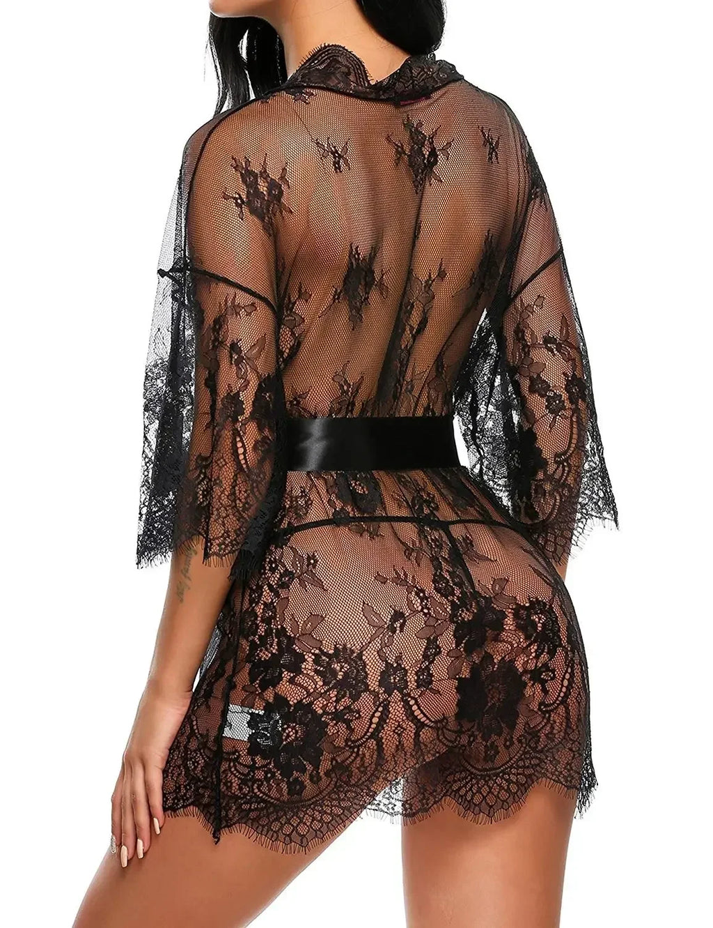 See Through Lace Babydoll Women Sexy Lingerie Erotic Transparent V-Neck Nightwear Robe G-string Robe Sleepwear Dress