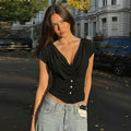 FDYOUI Fashion Casual Swinging Collar T-shirts Y2K Woman Clothes Short Sleeve Buttons Corset T Shirt Ladies Solid Crop Tops Tees