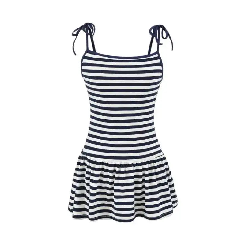 Sweet Double-shoulder Strap Striped Color-block Camisole For Women Unique Design Patchwork Pure Desire Dress Elegant Casual WIKO