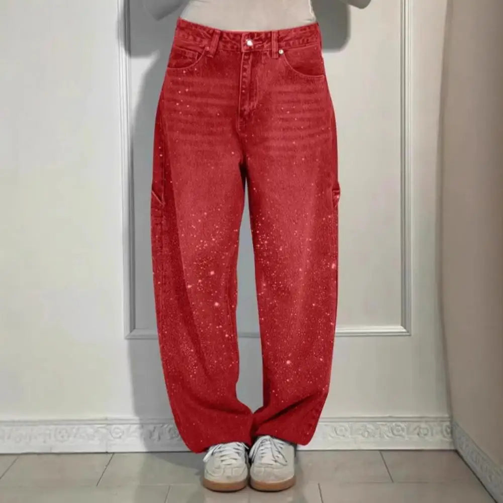 Women's Straight Leg Denim Pants High Waisted Baggy Wide Leg Bling Jeans Casual Sparkly Harem Jeans for Streetwear