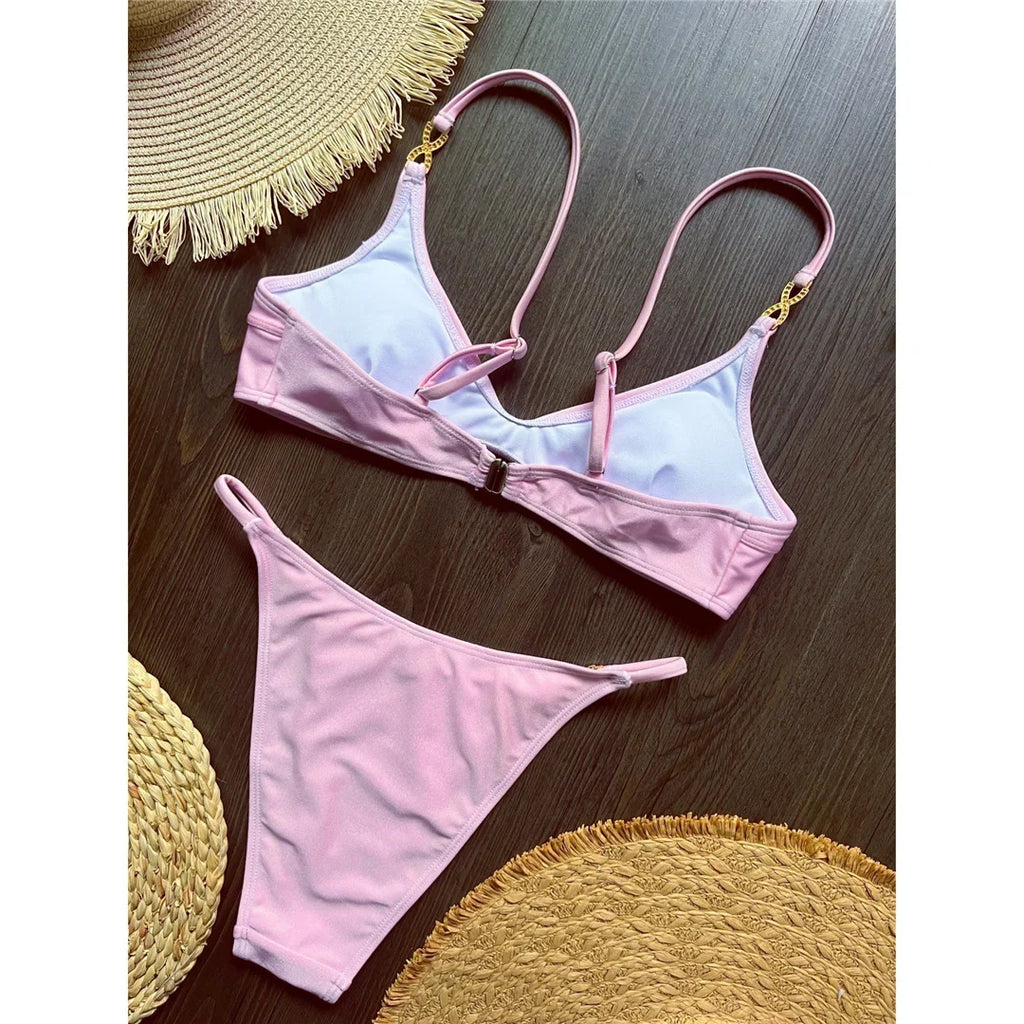 10 Colors V Neck Rhinestones Bikini Female Swimsuit Women Swimwear Two-pieces Bikini Set Padded Bather Bathing Suit Swim V8138