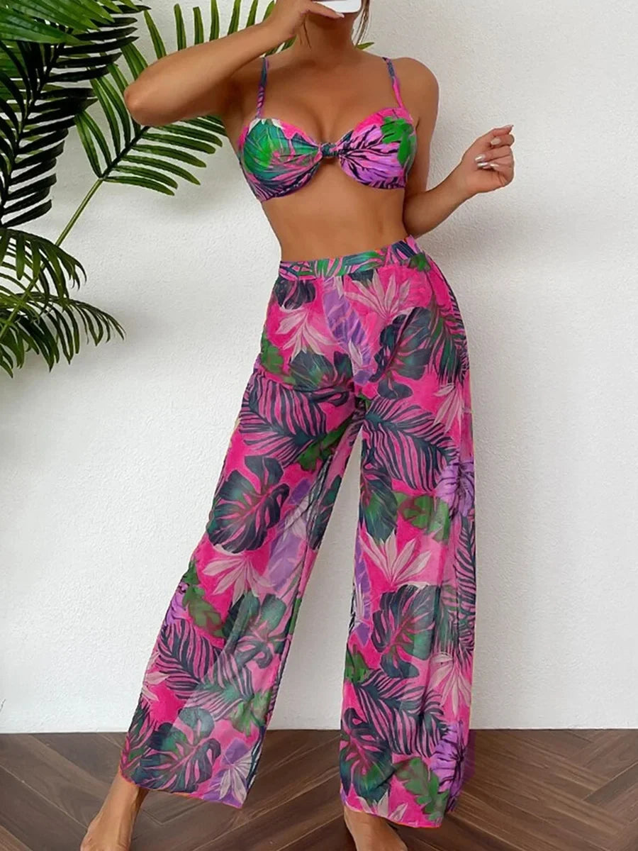 3 Pieces Strappy Bikini 2026 Women Printed Swimsuit Sexy Swimwear Female With Beach Pants Bathers Bathing Swimming Swim Suit