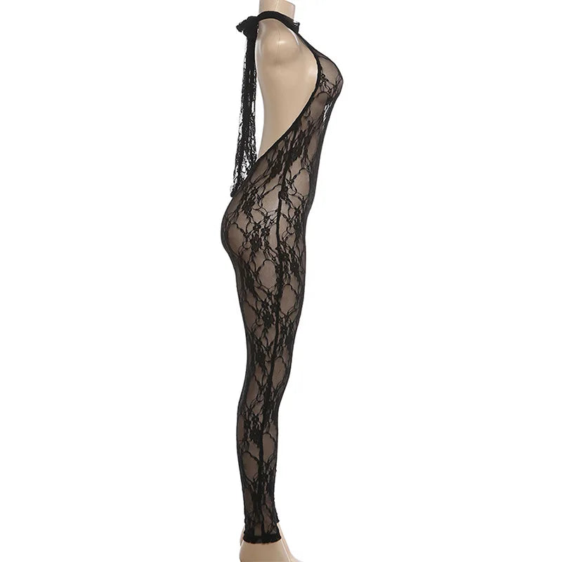 Women Halter Neck Lace Mesh Jumpsuit Sheer See Through Sleeveless Backless Bodycon Romper Y2K Clubwear Party Nightclub Outfit