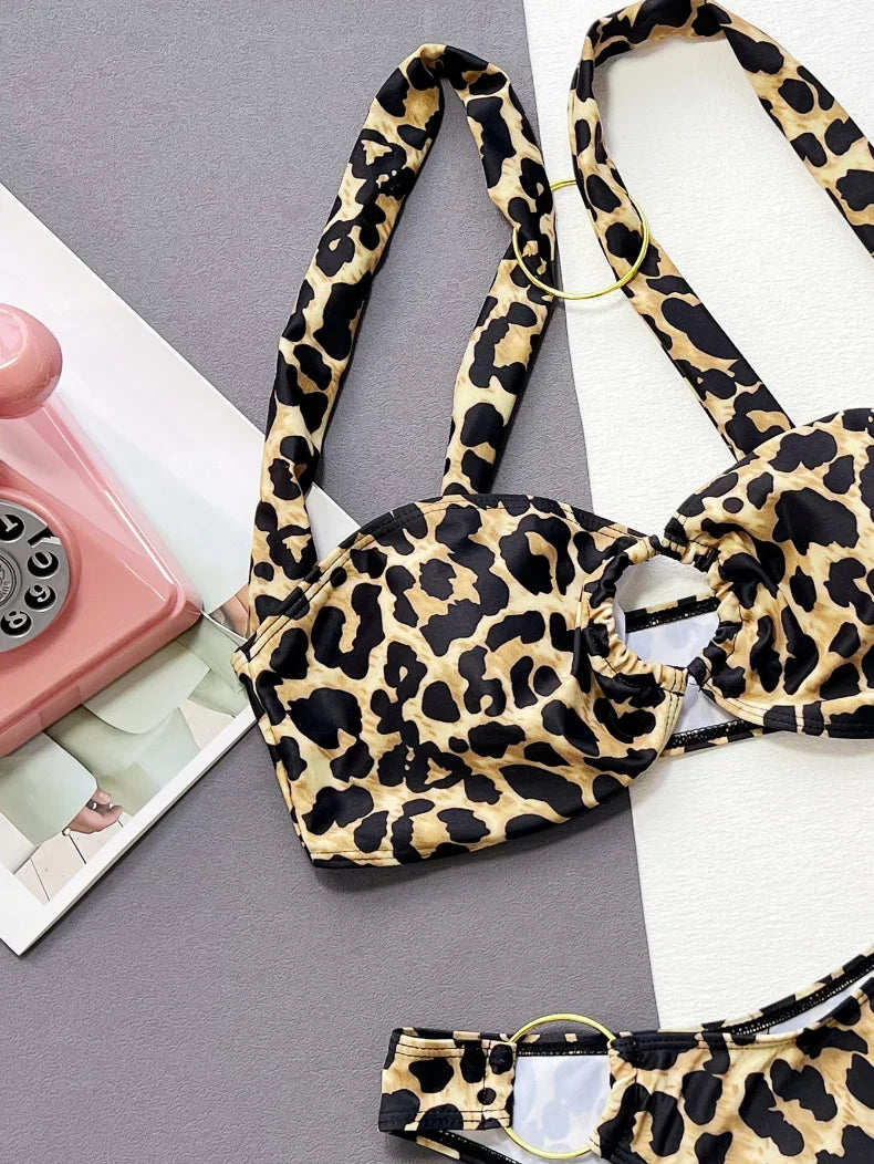 2026 Sexy Bikini Women Push Up Leopard Print Metal Circles Swimwear Swimsuit Bikinis Set Bathing Suit Beach Bikini Female New