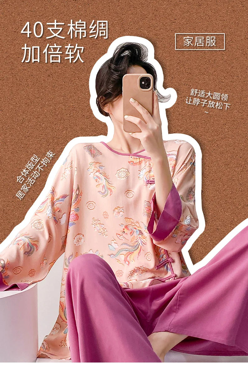 Plus size mother's cotton silk pajamas spring and summer new Chinese style can be worn outside home clothes Mother's Day gift