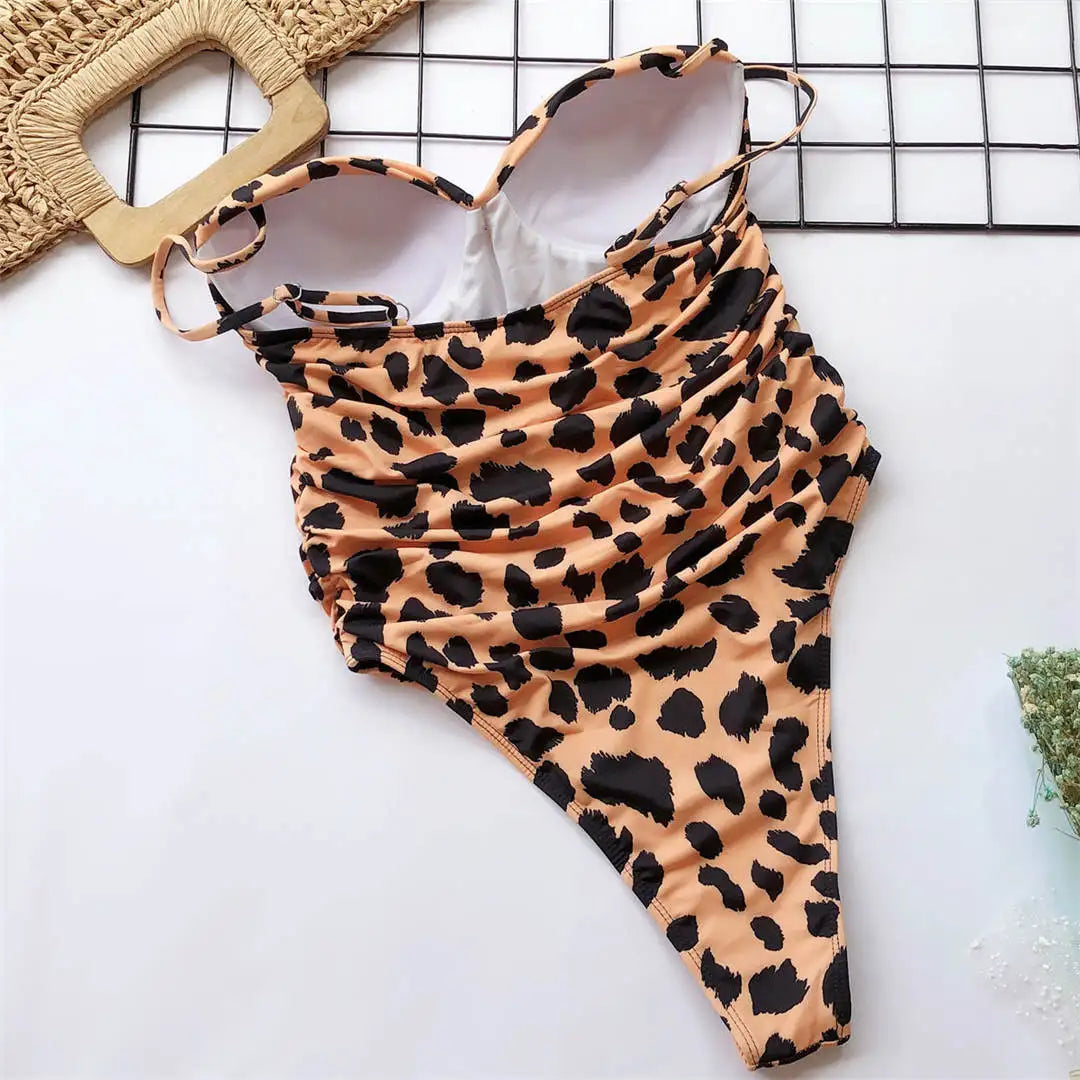 New Sexy High Cut Leopard Push Up Bra Cup One Piece Swimsuit Female Swimwear Women Bather Bandeau Bathing Suit Swim Lady V1654