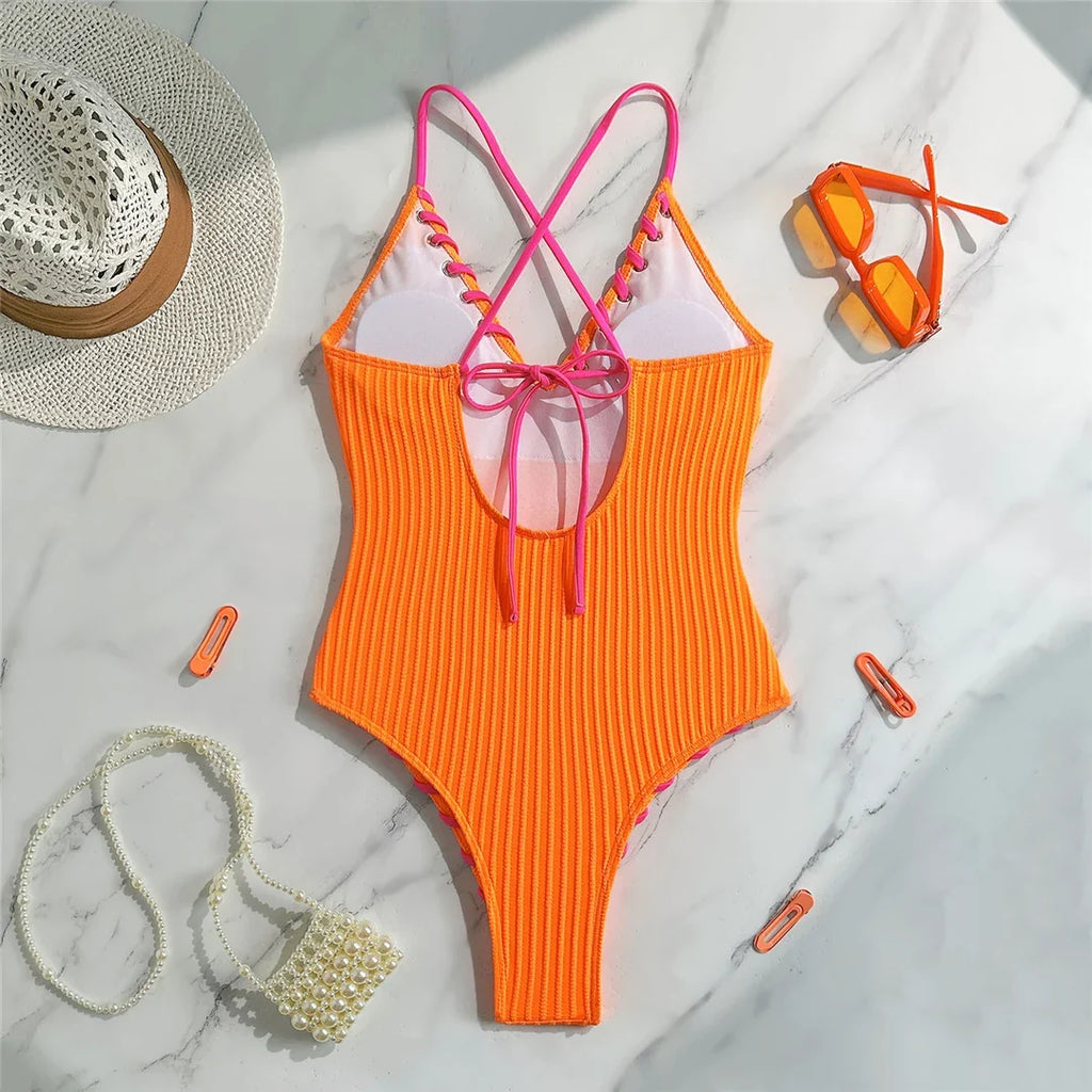 5 Colors V Neck Ribbed Cross Back One Piece Swimsuit Women Swimwear Female High Leg Cut Monokini  Bather Bathing Suit Swim V6278