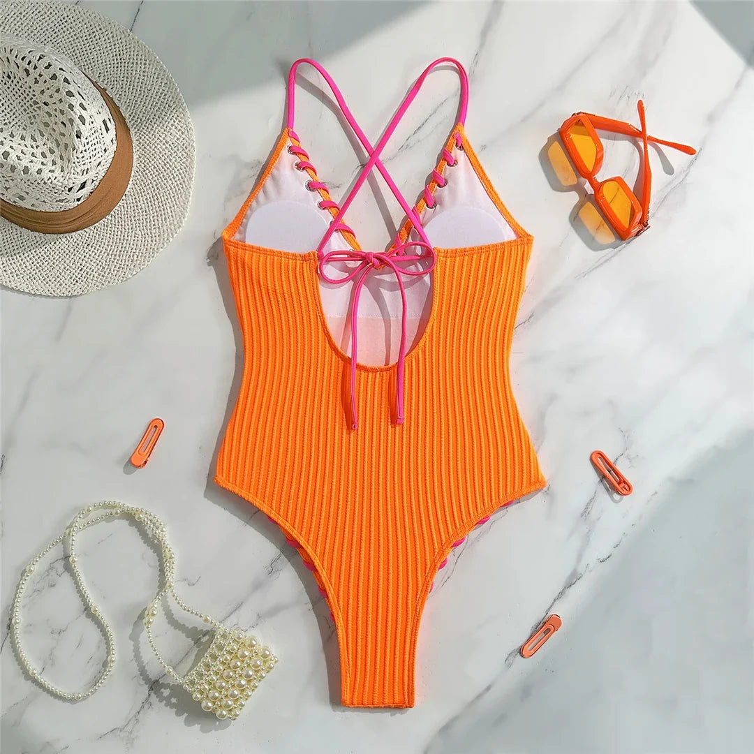 5 Colors V Neck Ribbed Cross Back One Piece Swimsuit Women Swimwear Female High Leg Cut Monokini  Bather Bathing Suit Swim V6278