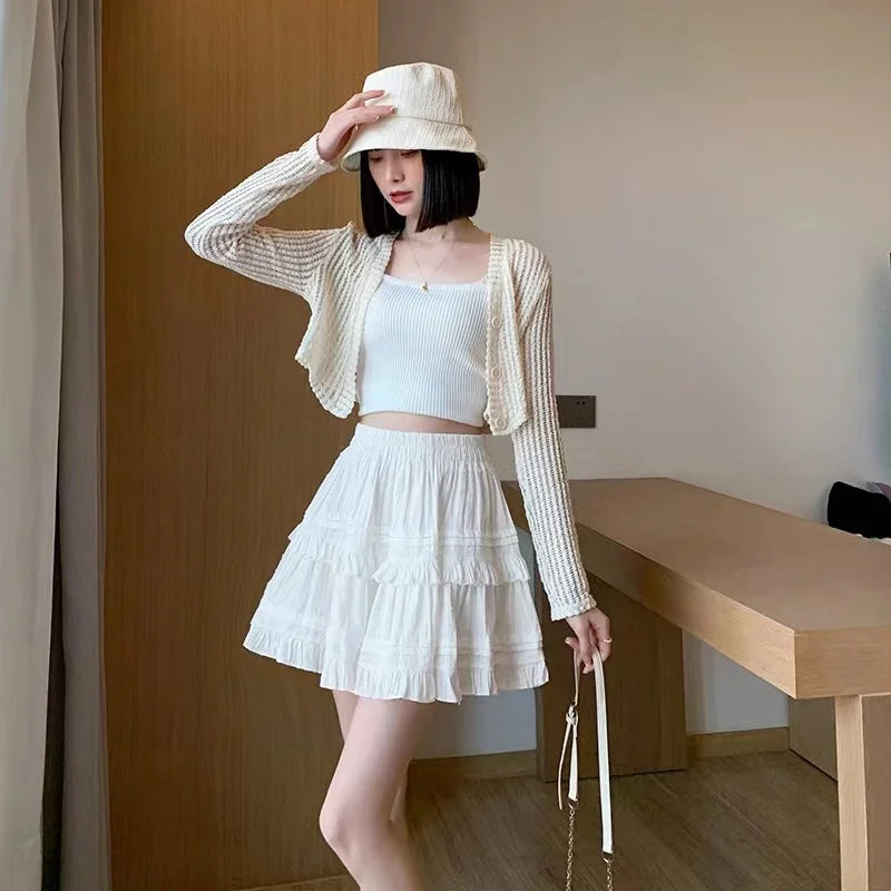 Sweet Cute Lace Mini Skirt Women Kawaii White Ruffles Pleated Short Skirts Woman 2025 Summer Korean High Waist A Line Skirts