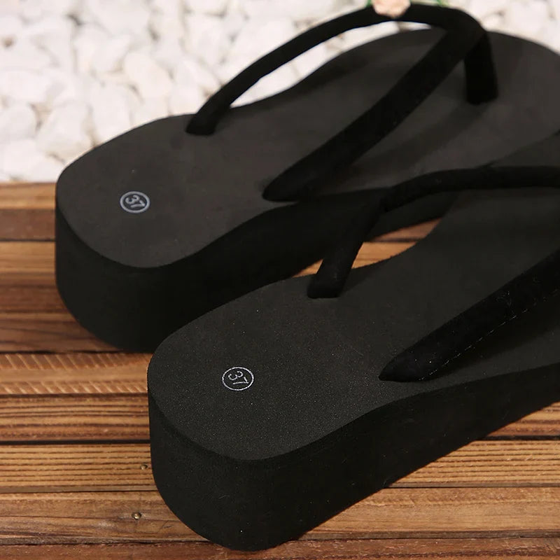 Women's Flower Decor Med Heel Flip Flops Simple Style Black Wedge Clip Toe Slides Woman Summer Outdoor Med Heel Slippers Mujer