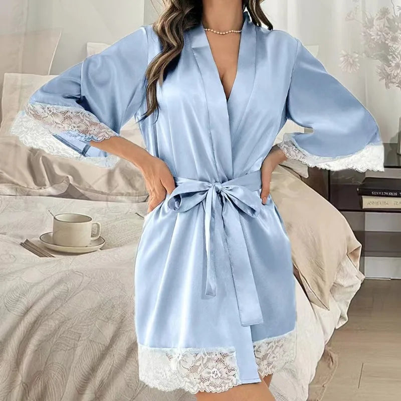 New Ladies Elegant Satin Robe Lace Trim Kimono Short Sleepwear Nightgown V Neck Belted Bridal Loungewear Bridesmaid Gift