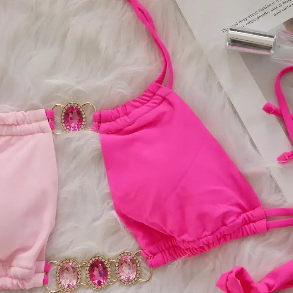 Splicing Halter Jewelled Diamond Bikini 2025 Women Swimsuit Female Swimwear Two Pieces Bikini Set Hollow Out Bathing Suit Swim