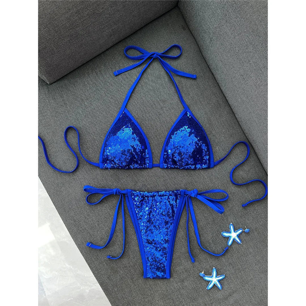Sequins Halter Bikini Female Swimsuit Women Swimwear Two-Pieces Bikini Set High Cut Leg Padded Bather Bathing Suit Swim V8302