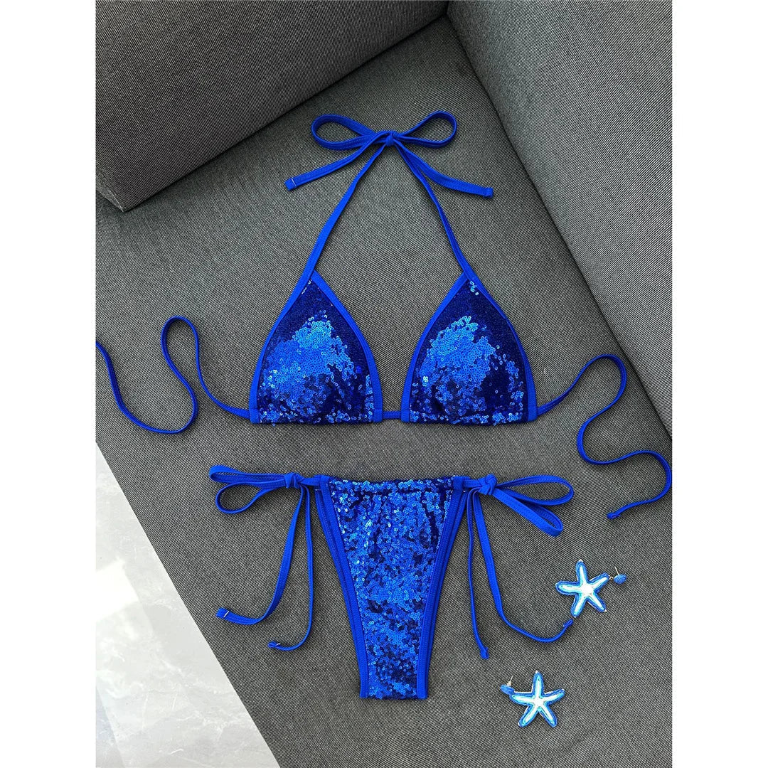 Sequins Halter Bikini Female Swimsuit Women Swimwear Two-Pieces Bikini Set High Cut Leg Padded Bather Bathing Suit Swim V8302
