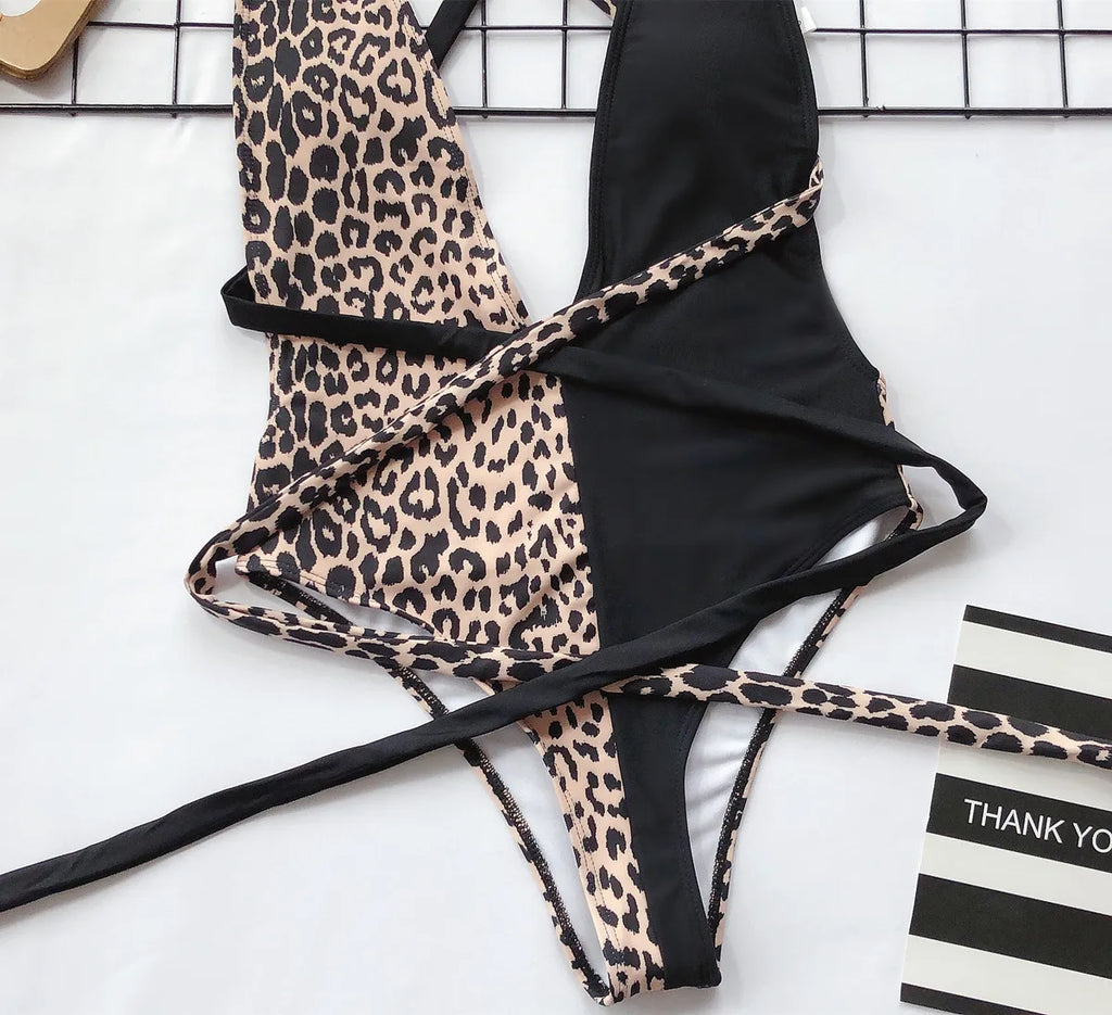 Sexy One Piece Swimsuit Swimwear Women Leopard Patchwork Cross Long Straps Deep V-neck Bathing Suit Beach Banadores Mujer 2026