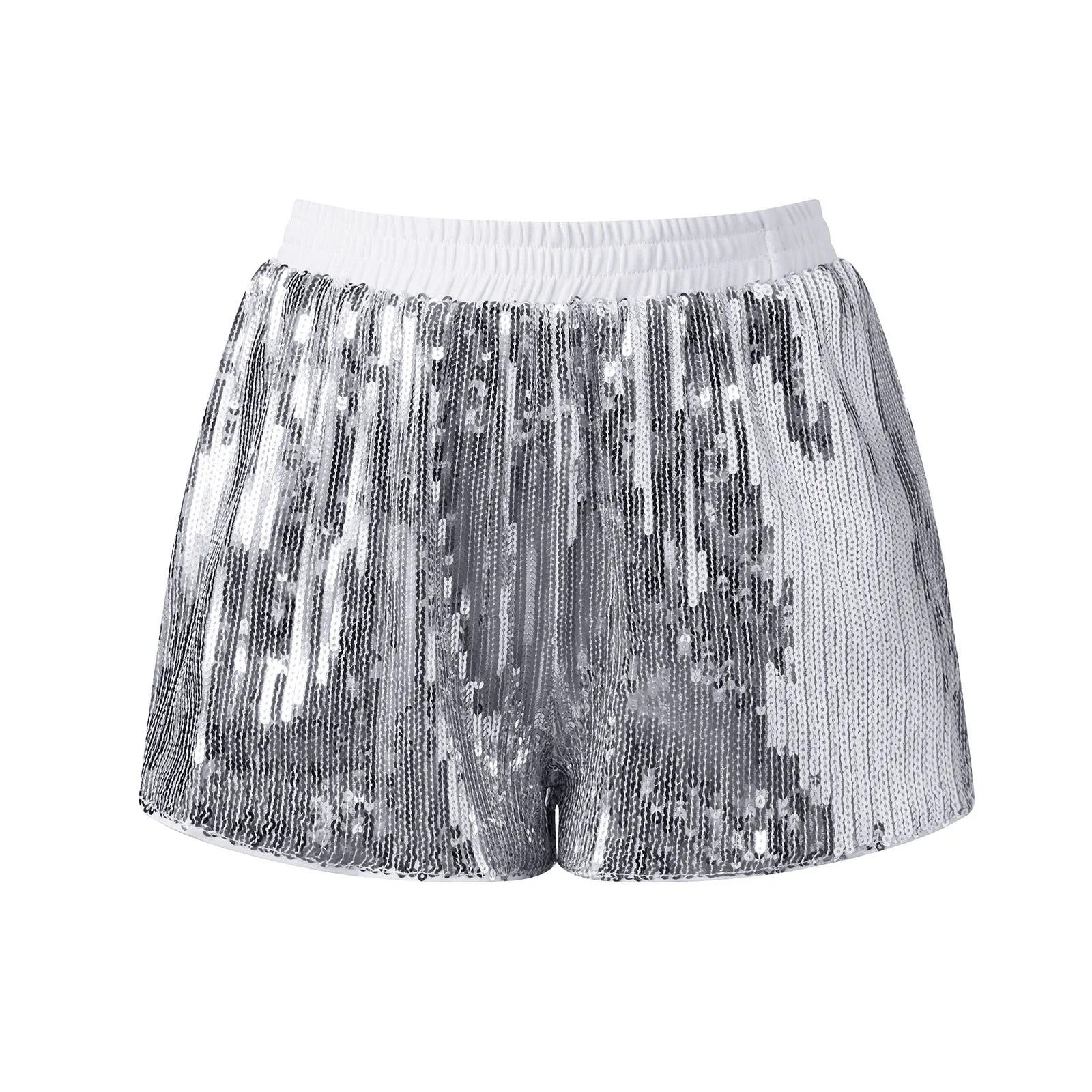 Fashion Women Summer Sequin Shorts Elastic Waist Wide Leg Loose Mini Short Pants Daily Casual Going Out