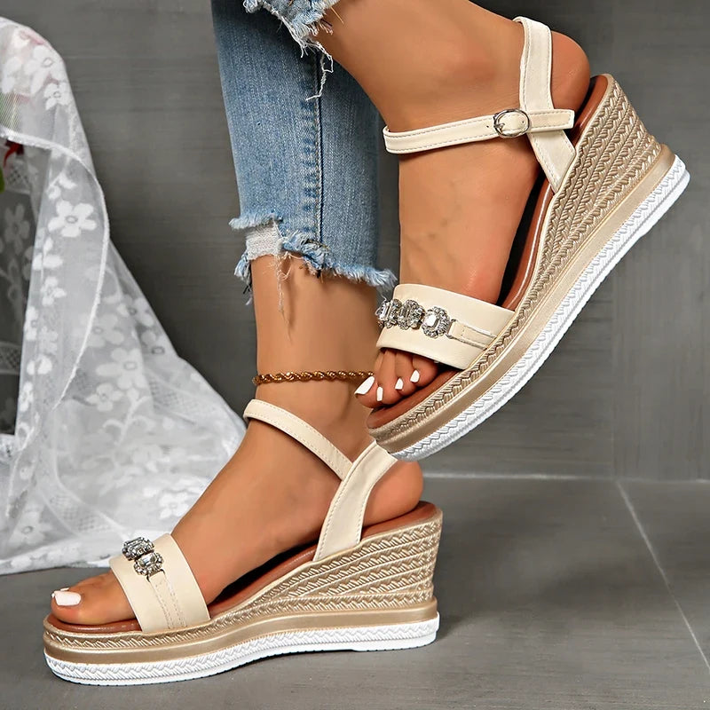 Crystal Decor Women's Wedges Sandals 2026 Summer Ankle Buckle Platform Gladiator Shoes Woman Comfort Casual High Heels Sandals