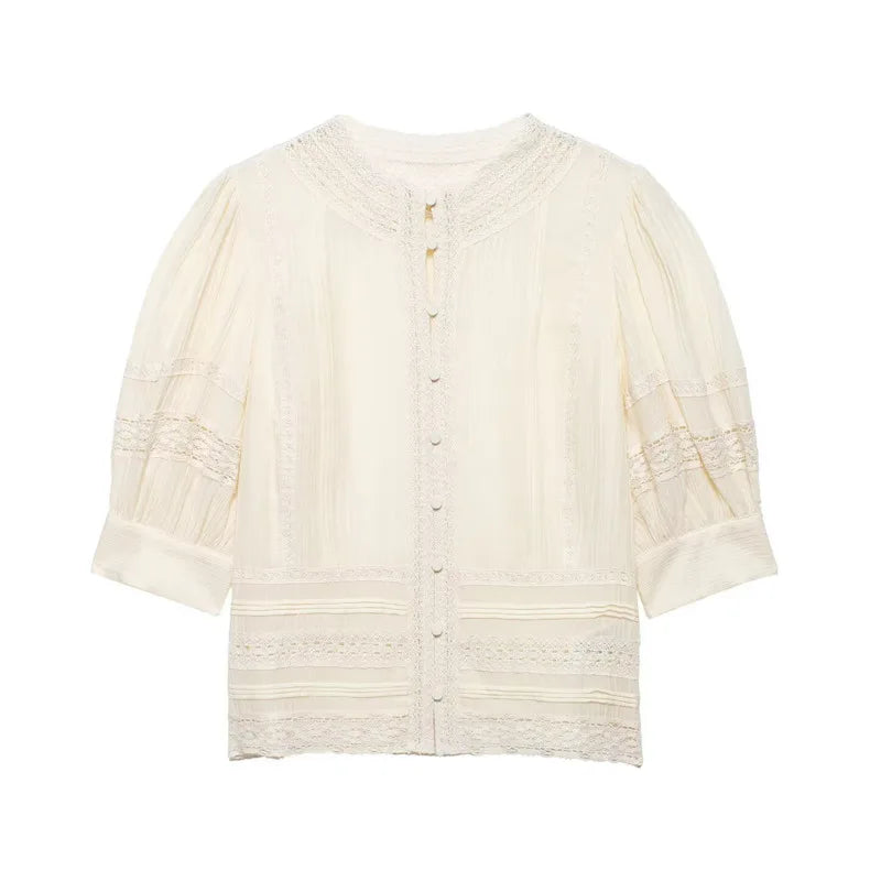 Women's Fashion Lace Romantic Style Shirt Women White Lace Trim Puff Sleeve Neck Button Front Casual Shirt For Daily Wear RJWE
