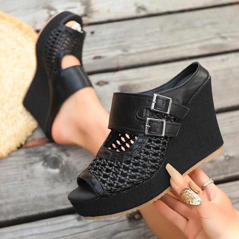 Hollow Out Chunky Wedges Sandals Women Fashion Buckle Peep Toe Super High Heels Sandals Woman Plus Size 43 Platform Slippers