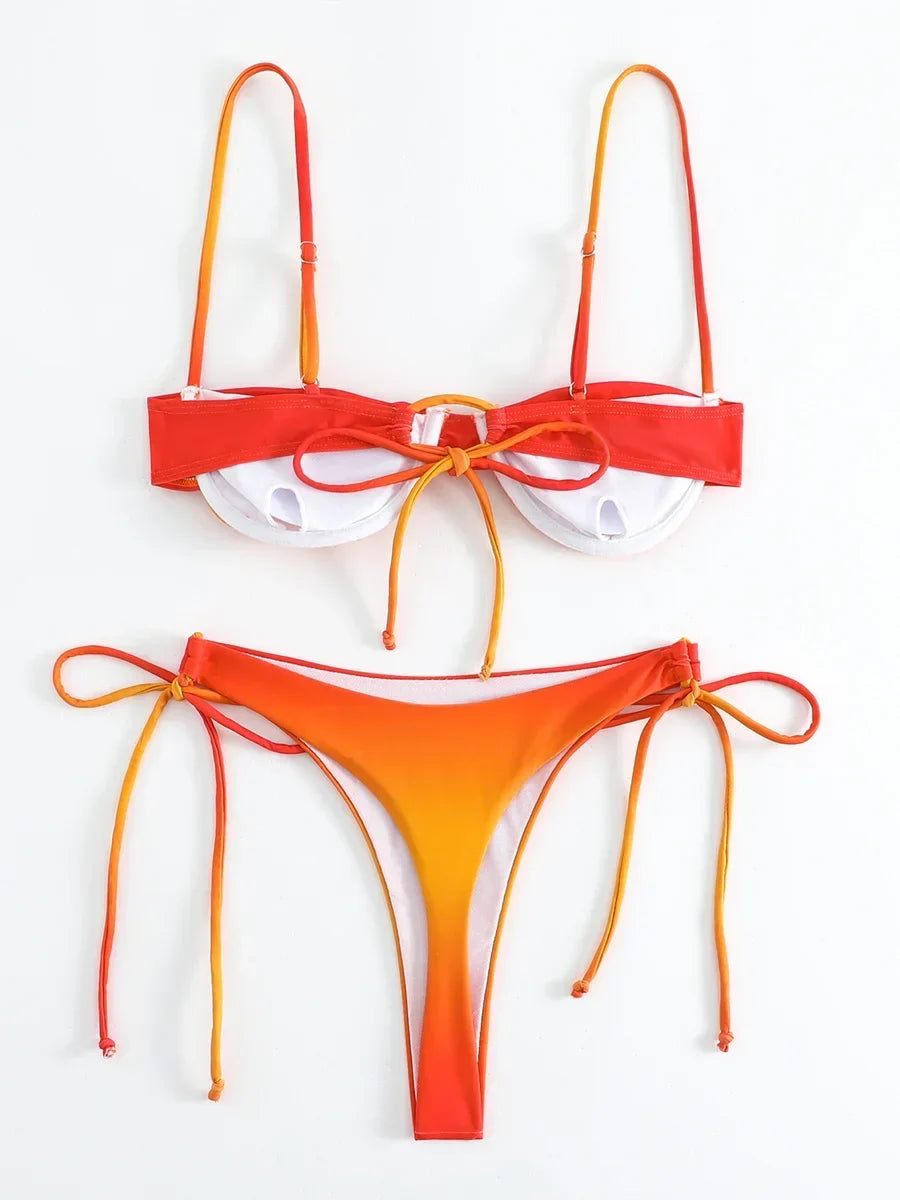 Underwired Gradient High Cut Bikini Female Swimsuit Women Swimwear Two-pieces Bikini Set Micro Thong Bathing Suit Swim Beachwear