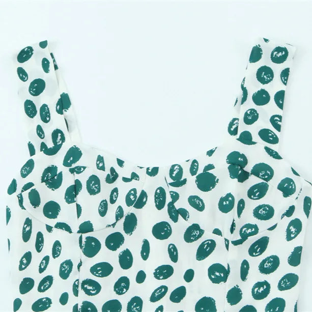 French Style Low-cut Polka Dot Print Camisole Dress For Women Sexy Side Slit Waist-cinching Mid-length Beach Dress Charming WYLB