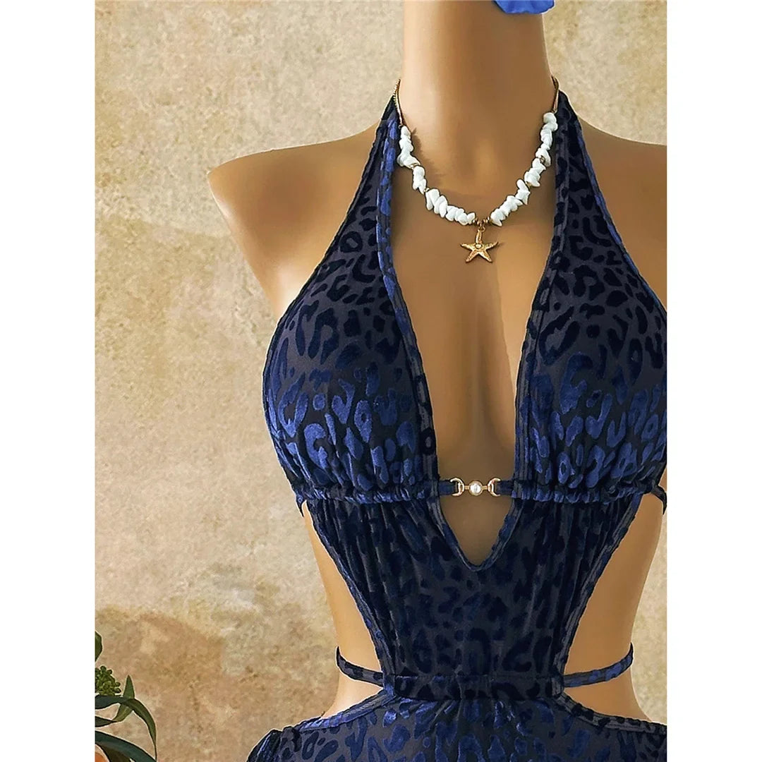 XS - L Deep V Neck Leopard Halter Women Swimwear Cut Out Wrap Around Bather Bathing Suit Swim One Piece Swimsuit Female K8077