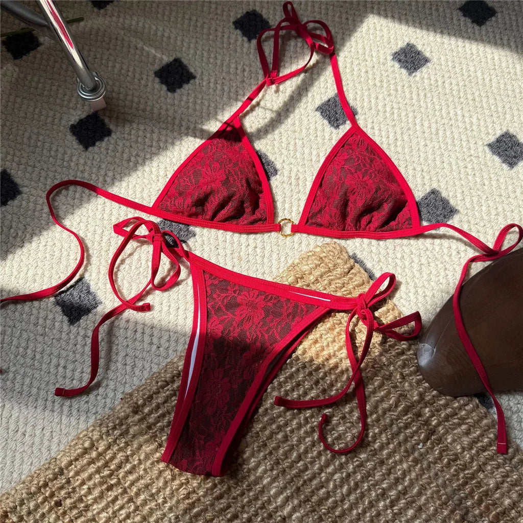 Embroidery Halter High Leg Cut Bikini Female Swimsuit Women Swimwear Two-Pieces Bikini Set Padded Bather Bathing Suit Swim V6849