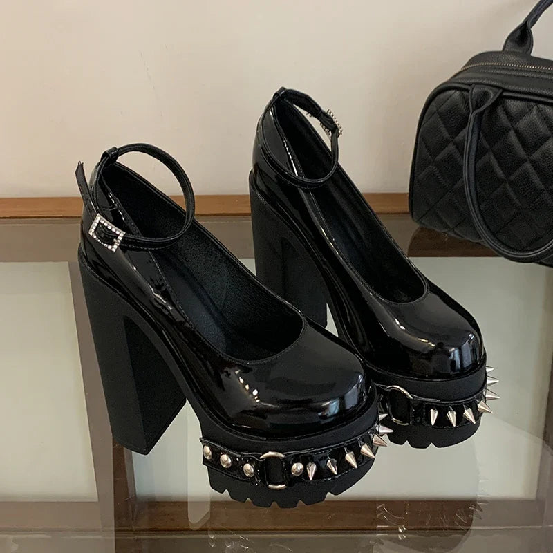 Punk Style Black Rivet Buckle High Heels Women's Trendy Gothic Sizes 36-43 Waterproof Platform Belt Buckle Thick Heel Nude Shoes