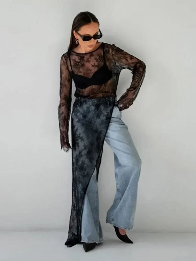 Woman Clothing 2026 O-neck Hollow Out High Slit Long Maxi Lace Dress Black Streetwear Ladies See-through Black T-shirt Dresses