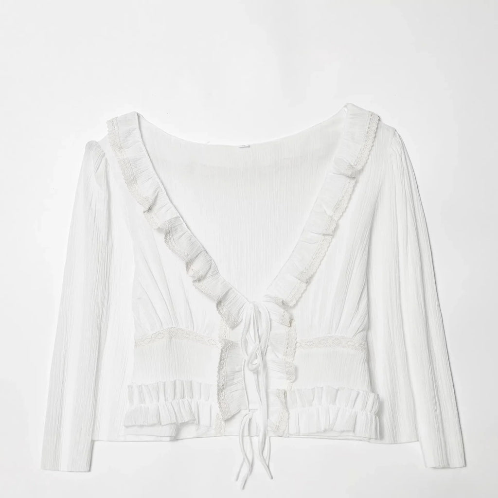 Women's Fashion Embroidered Tulle Blouse White Lace Ruffle Trim Tie Front Blouse Sleeve V Neck Casual For Women Daily Wear F4FI