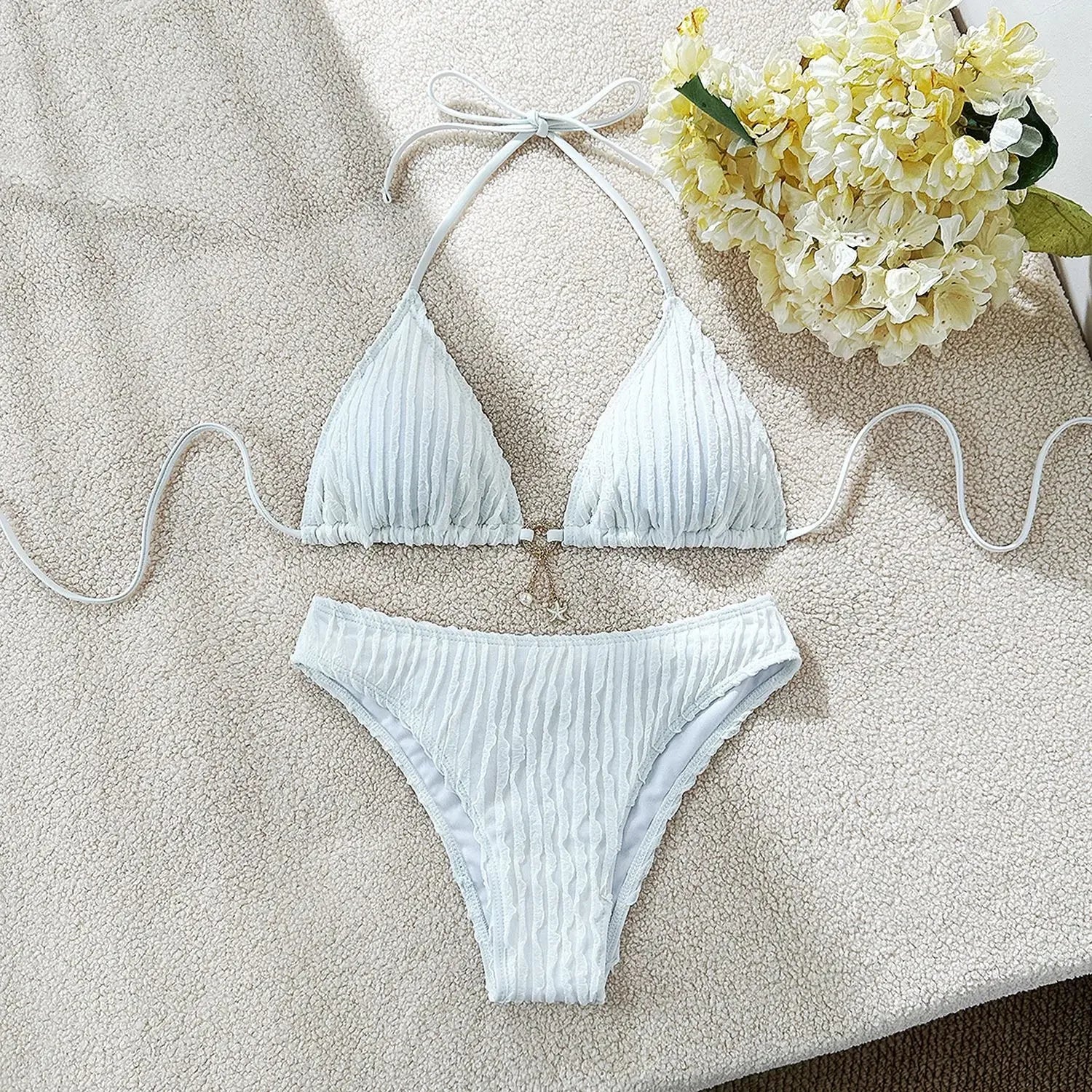 Wrinkled Halter Bikini Women Swimwear Female Swimsuit Two-pieces Bikini Set Brazilian Bather High Cut Bathing Suit Swim Lady