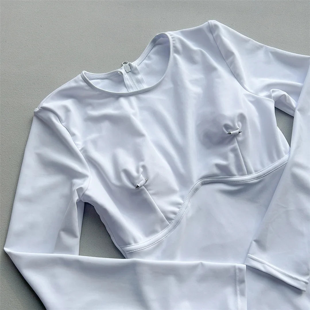 2026 Long Sleeve With Zipper Solid Women Swimwear One Piece Swimsuit Female Padded High Leg Cut Bather Bathing Suit Swim V7752