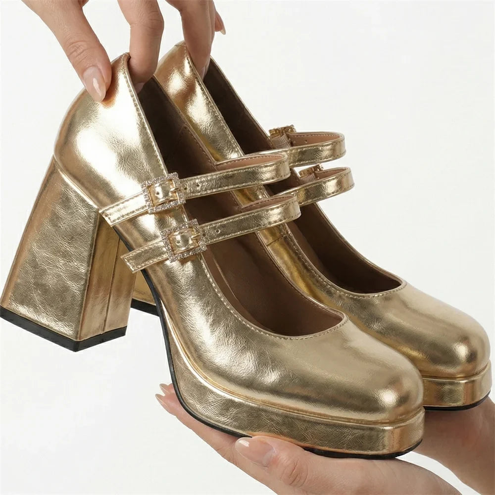 Big Size 32-46 Y2K Metallic Mary Jane High Heels Women Shoes Round Toe Double Straps Rhinestone Buckle Platform Block Heel Pumps