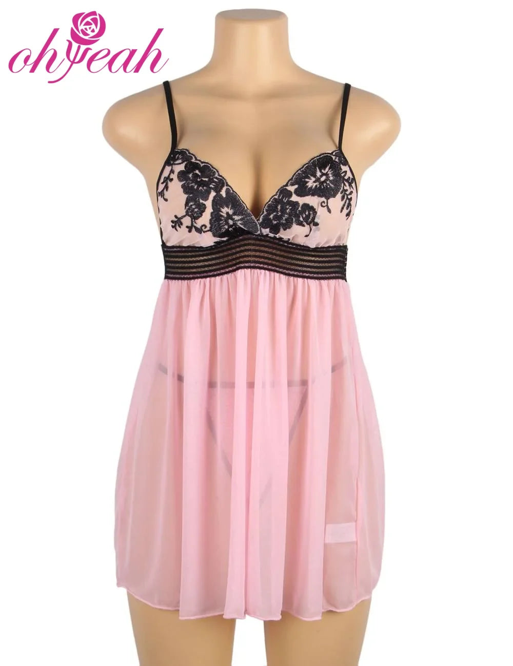 Pink Embroidery Lace Babydoll Nightdress for Women Sheer Mesh V Neck Sleepwear Plus Size With Thong