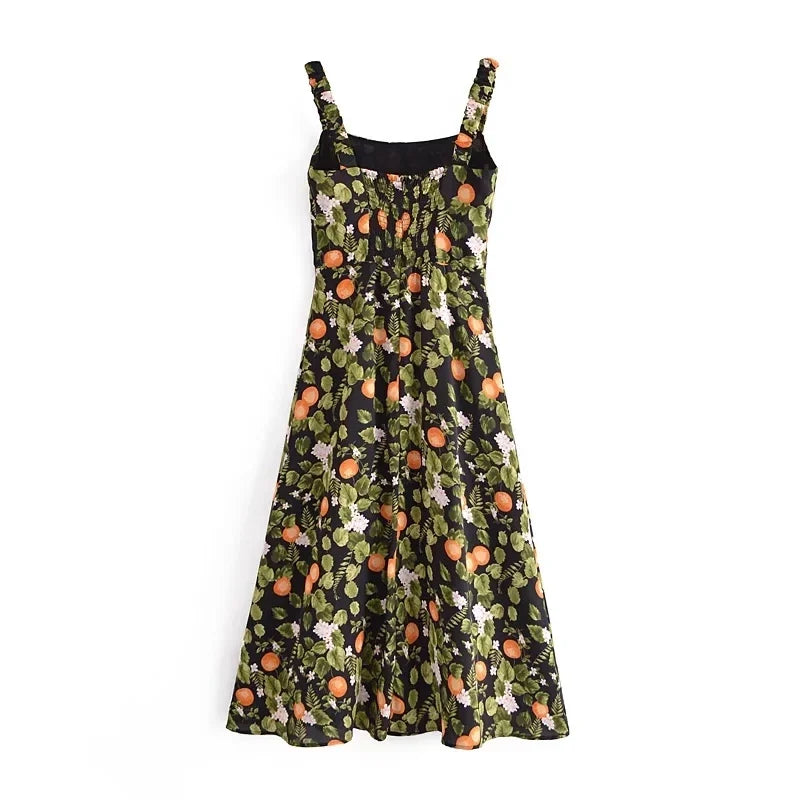 French Style Vintage Lemon Leaf Printed Green Dress Sexy Slip Midi Sleeveless Tank Dress Chiffon Women Holiday Elegant Dress