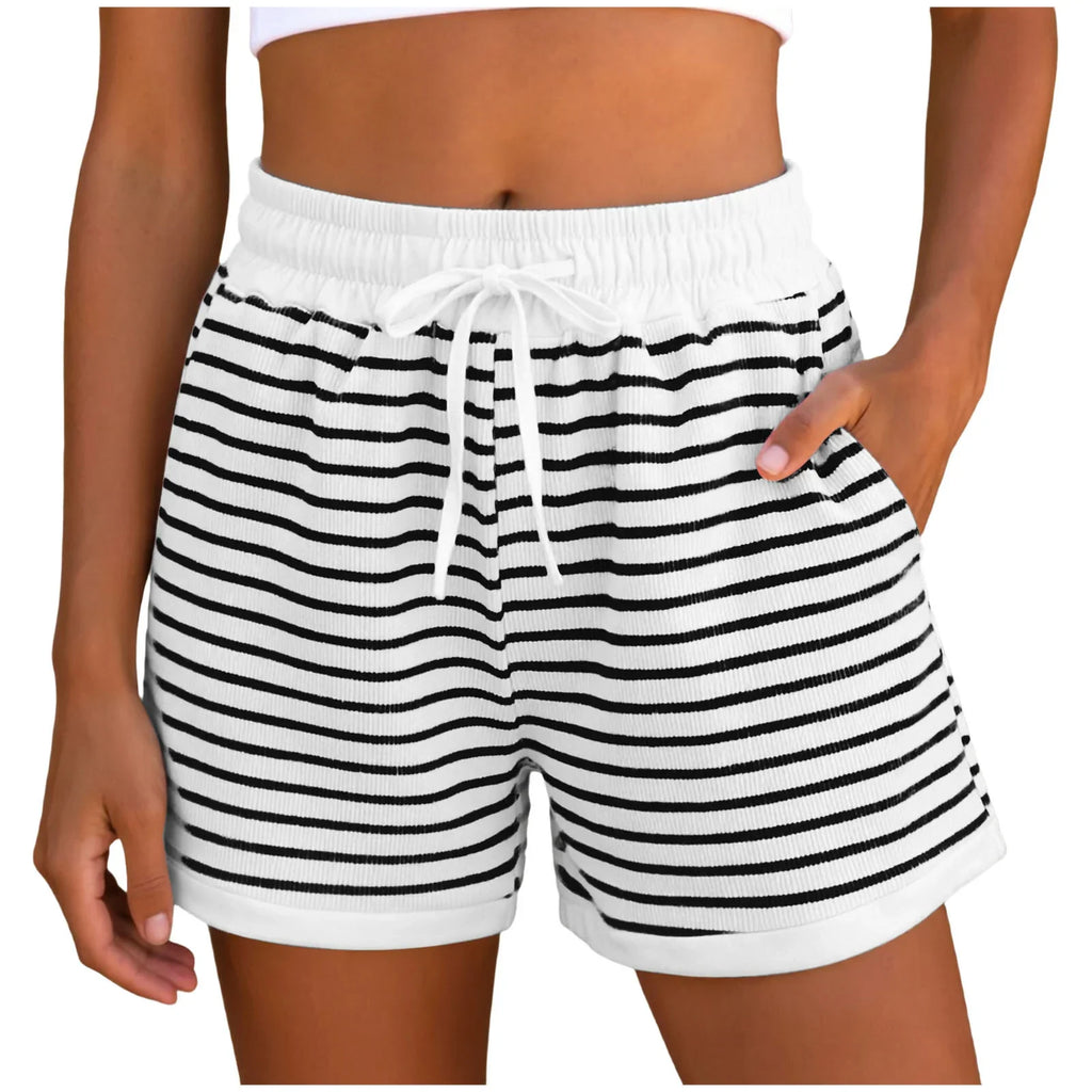 Y2k Cute Contrast Color Elastic High Waist Striped Shorts Women Drawstring Summer Shorts With Pockets Loose Fit Ribbed Shorts